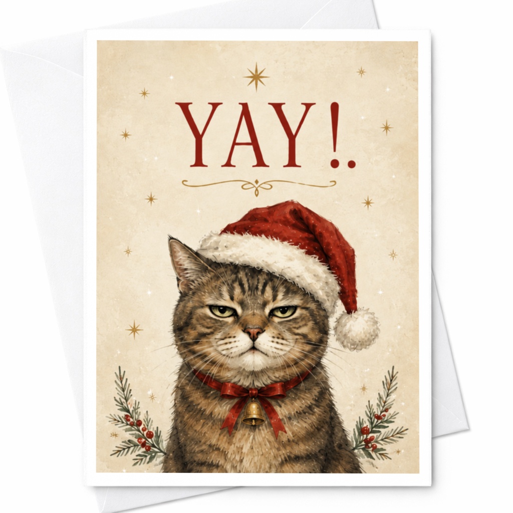 Yay! Funny Christmas Card Cat With Santa Hat Cute Holiday Greeting Card For Cat Lover Festive Animal Card C6749