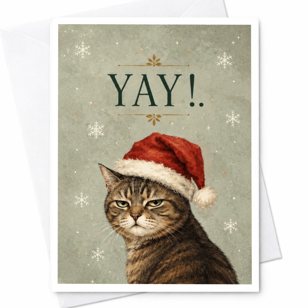 Yay! Funny Christmas Card Cat With Santa Hat Cute Holiday Greeting Card For Cat Lover Festive Animal Card C6750