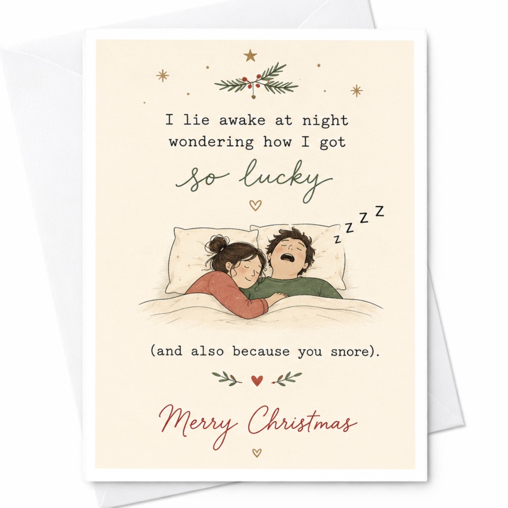 I Lie Awake At Night Wondering How I Got So Lucky Merry Christmas Card Funny Couple Holiday Greeting Card Cute Snoring C6796