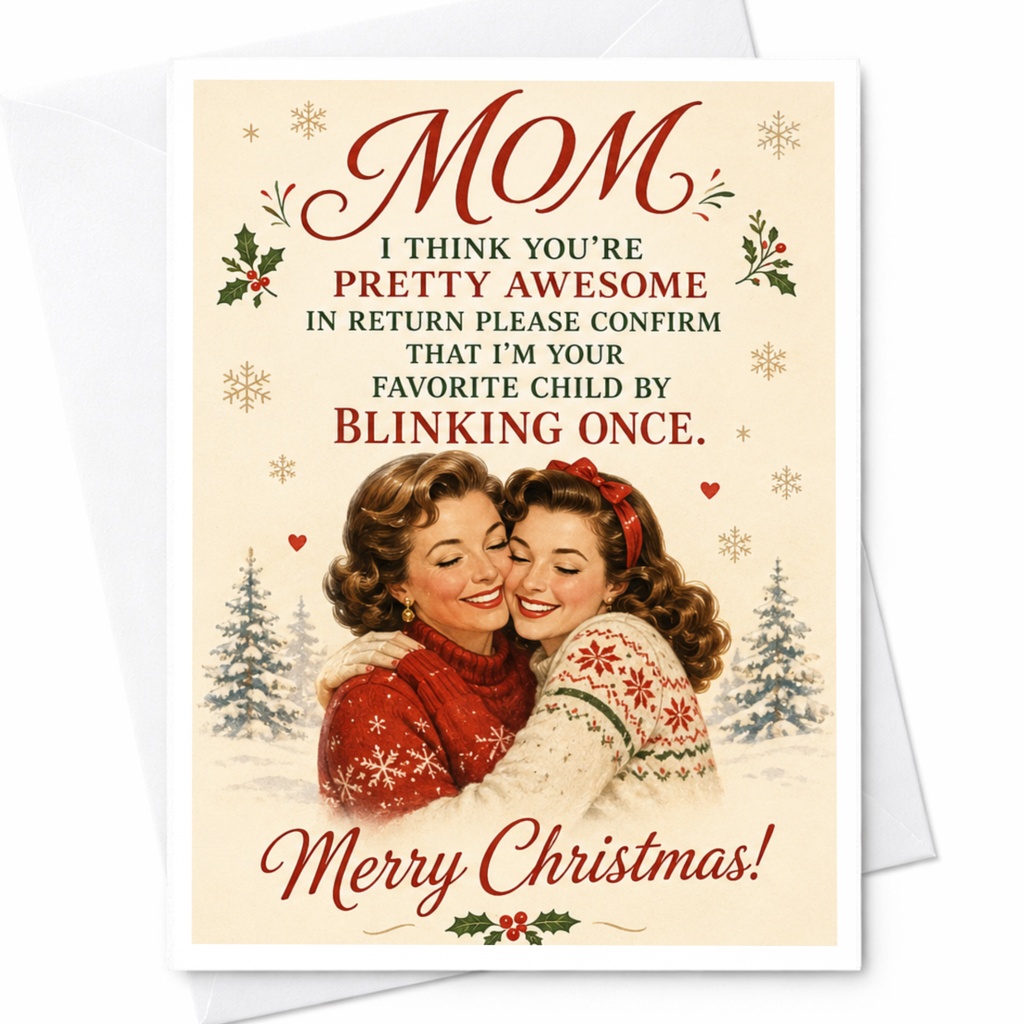 Mom I Think You’re Pretty Awesome Christmas Card Funny Holiday Card For Mom From Daughter Vintage Style C6798