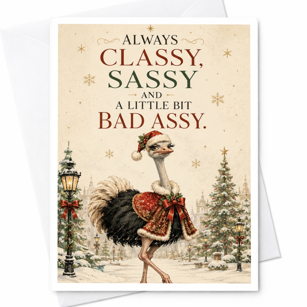 Always Classy, Sassy And A Little Bit Bad Assy Christmas Card Funny Holiday Greeting Card Ostrich Festive For Friend C6755