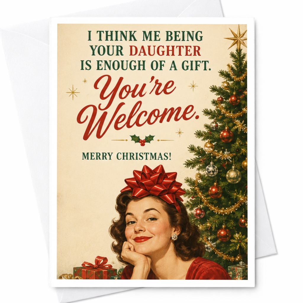 I Think Me Being Your Daughter Is Enough Of A Gift. You're Welcome. Merry Christmas! Funny Christmas Card From Daughter Holiday Hu C6802