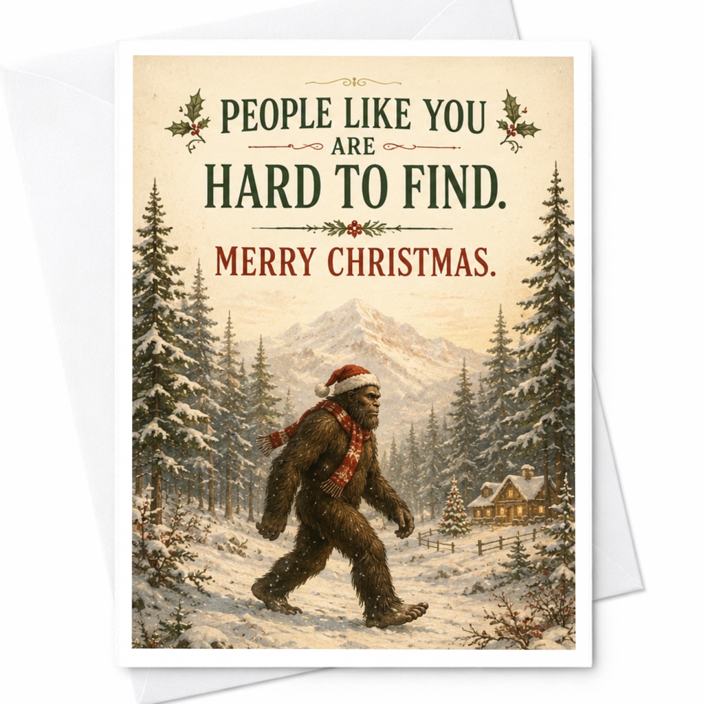 People Like You Are Hard To Find. Merry Christmas. Funny Bigfoot Christmas Card Holiday Greeting Card For Friend Cute Winter Scene C6757
