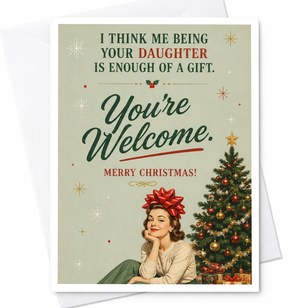 I Think Me Being Your Daughter Is Enough Of A Gift Christmas Card Funny Holiday Card You're Welcome From Daughter Vintage Style C6803
