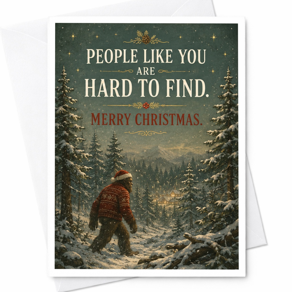 People Like You Are Hard To Find. Merry Christmas. Funny Christmas Card Bigfoot Holiday Greeting Card For Friend Cute Winter Scene C6758