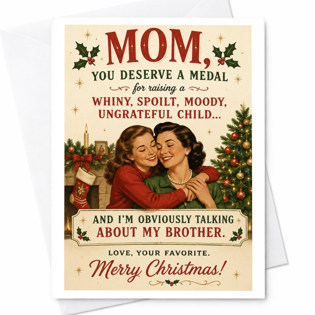 Mom, You Deserve A Medal Funny Christmas Card For Mom From Daughter Vintage Style Holiday Card Xmas Card C6812
