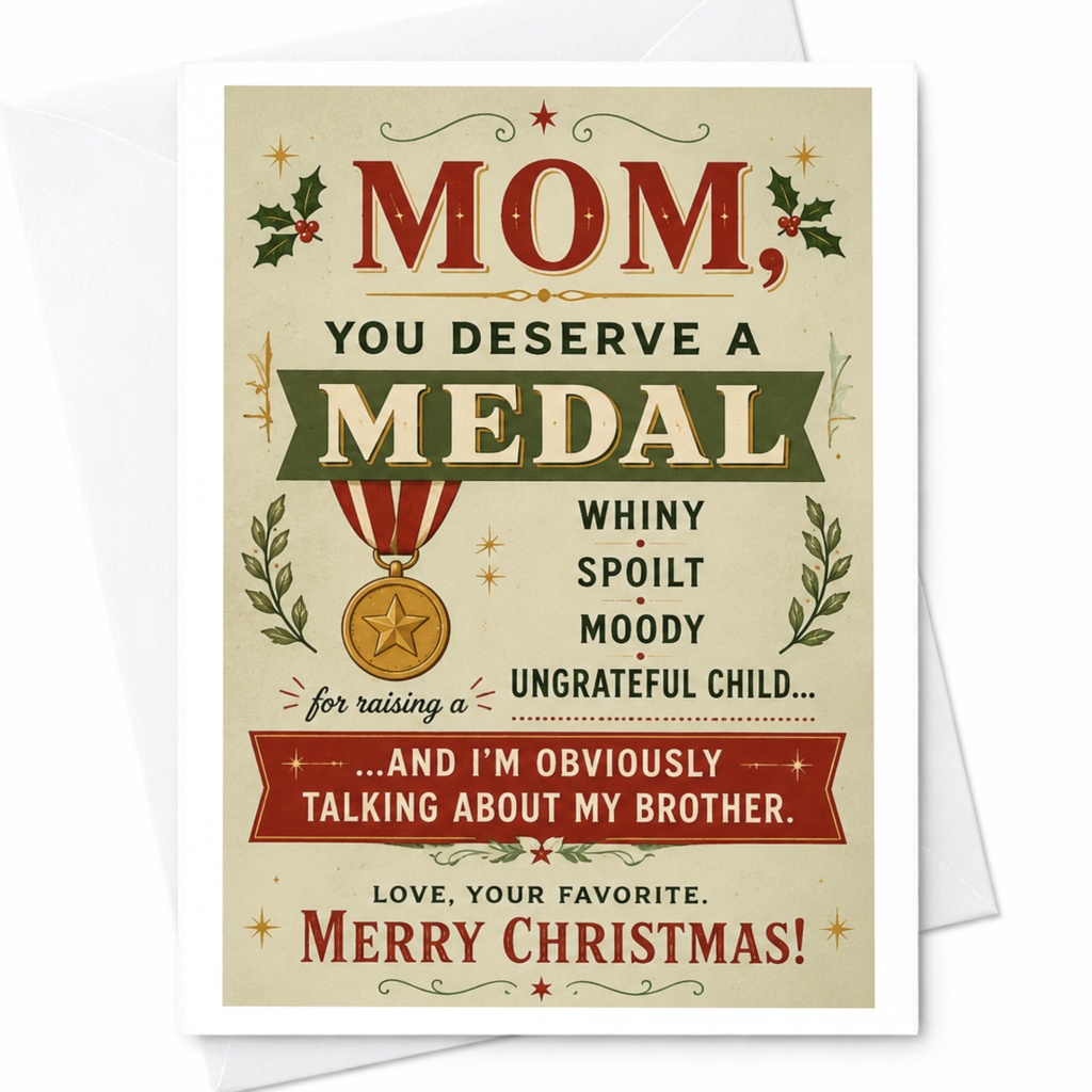 Mom, You Deserve A Medal Funny Christmas Card For Mom From Favorite Child Holiday Card Brother Joke Xmas Card C6813