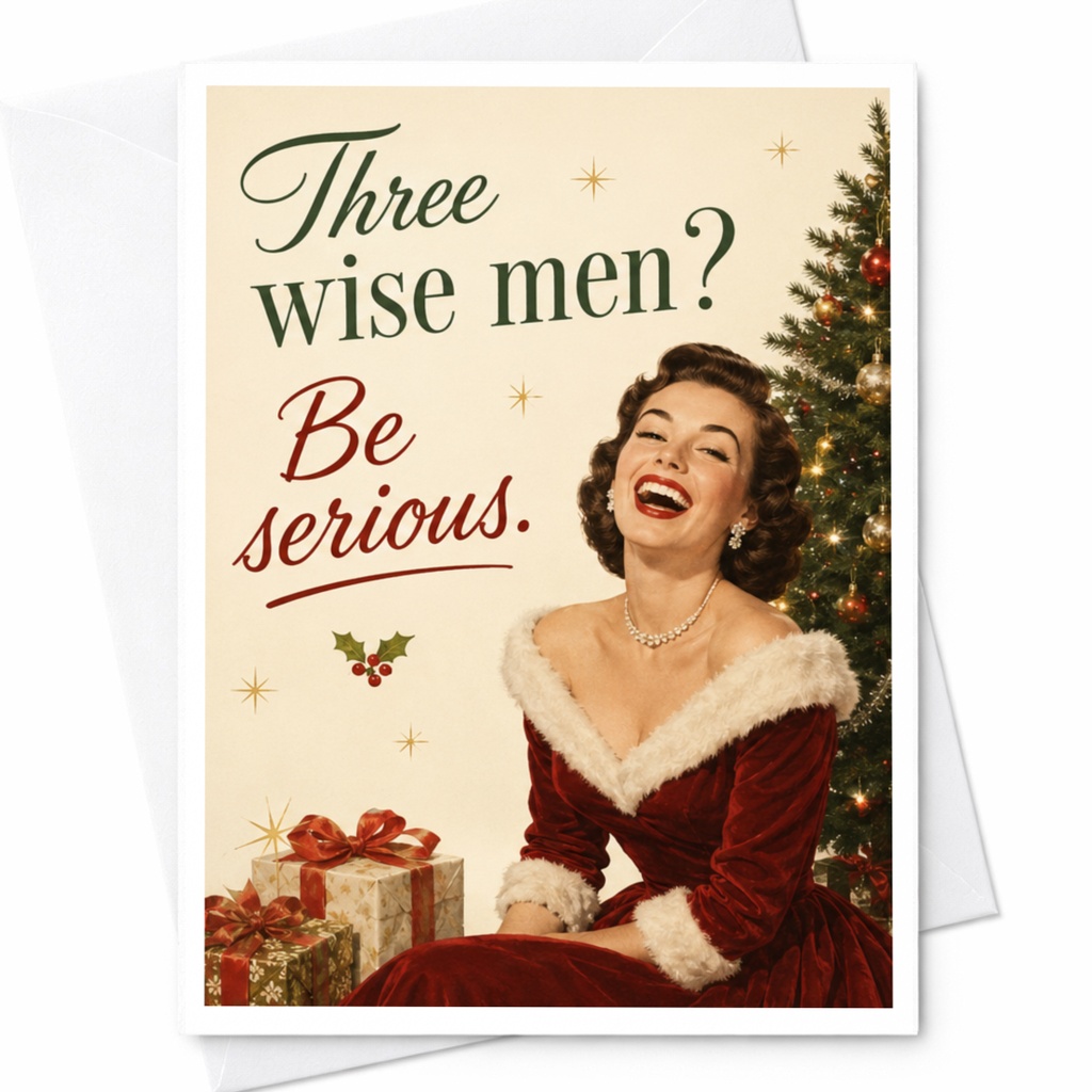Three Wise Men? Be Serious. Funny Christmas Card Vintage Style Holiday Greeting Card For Her Xmas Card C6769