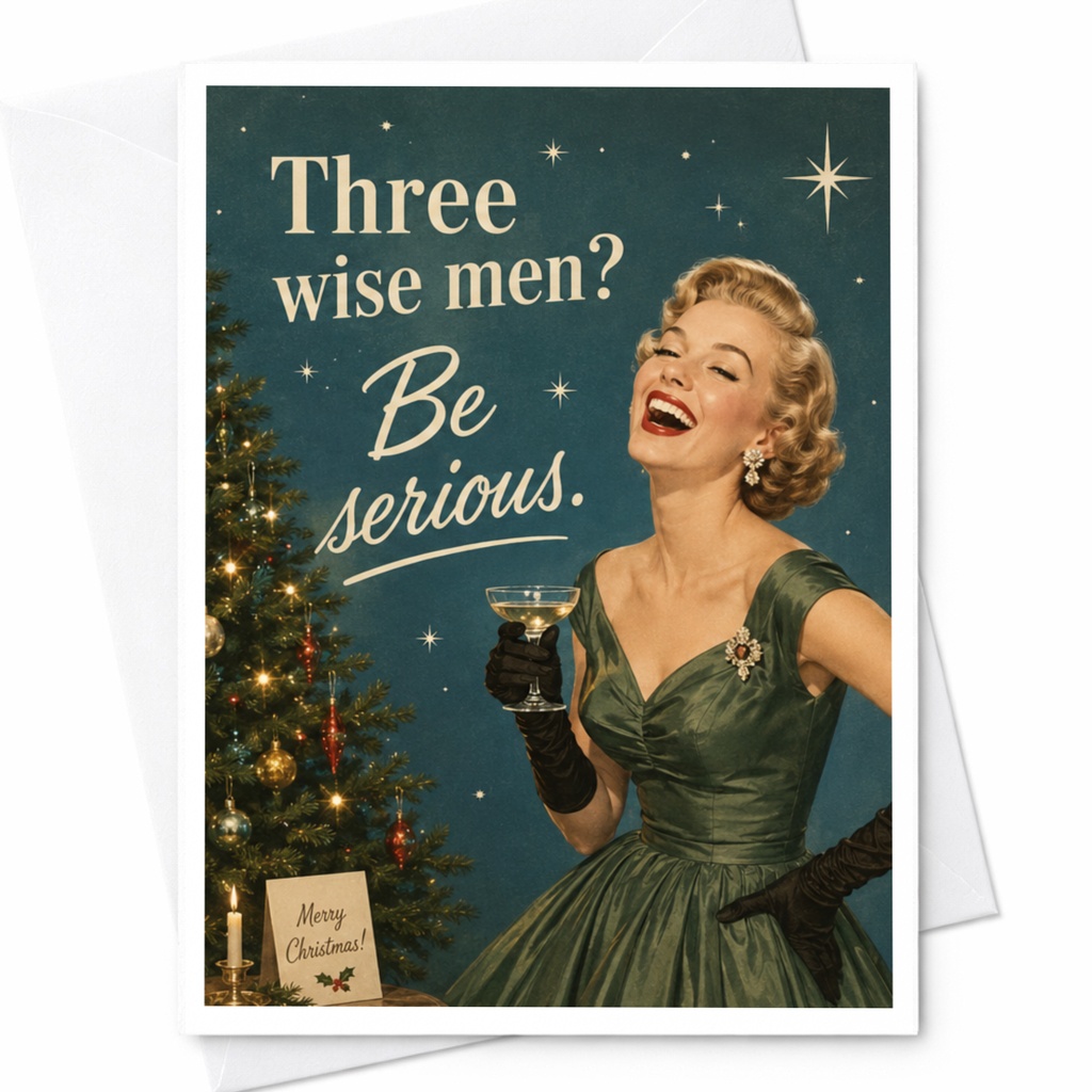 Three Wise Men? Be Serious Funny Christmas Card Vintage Style Holiday Greeting Card For Her Retro Xmas Card C6770
