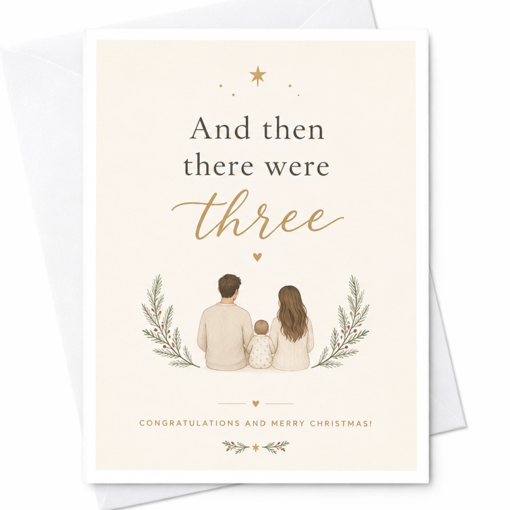 And Then There Were Three Christmas Card Family Holiday Greeting New Parents Baby Announcement Festive Card C6775