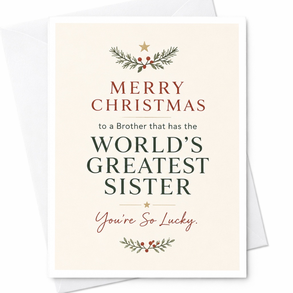Merry Christmas To A Brother That Has The World's Greatest Sister You're So Lucky Christmas Card Funny Holiday Card For Brother C6786