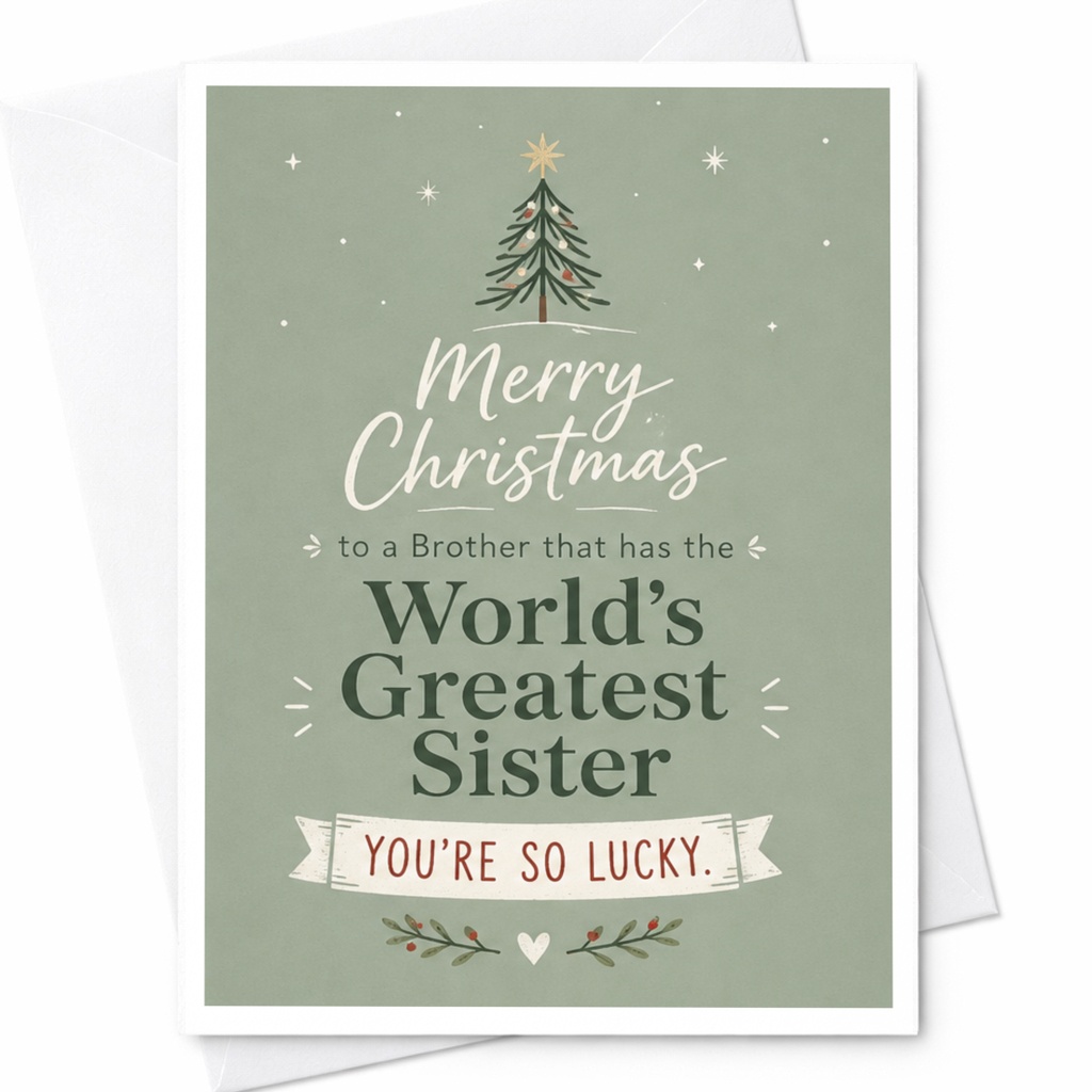 Merry Christmas To A Brother That Has The World's Greatest Sister You're So Lucky Christmas Card Funny Holiday Card For Brother C6787