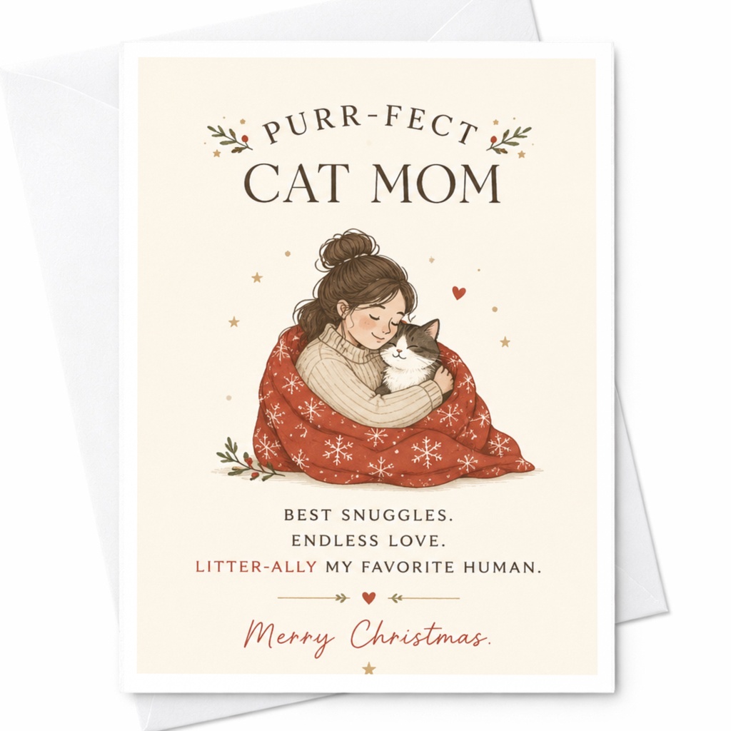 Purr-Fect Cat Mom Merry Christmas Card Best Snuggles Endless Love Cat Lover Holiday Greeting Card For Her Cute Festive C6788
