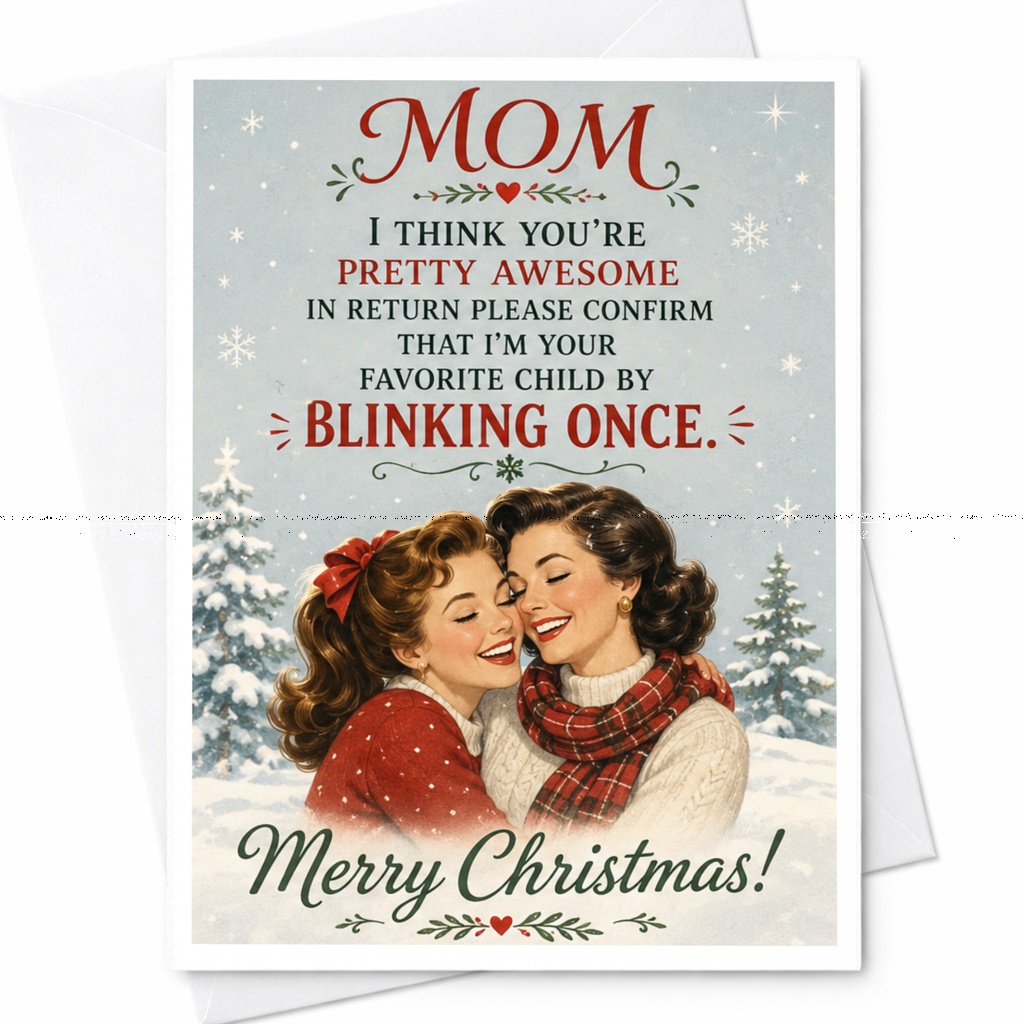 Mom I Think You’re Pretty Awesome Christmas Card Funny Holiday Greeting For Mom From Favorite Child Vintage Style C6799
