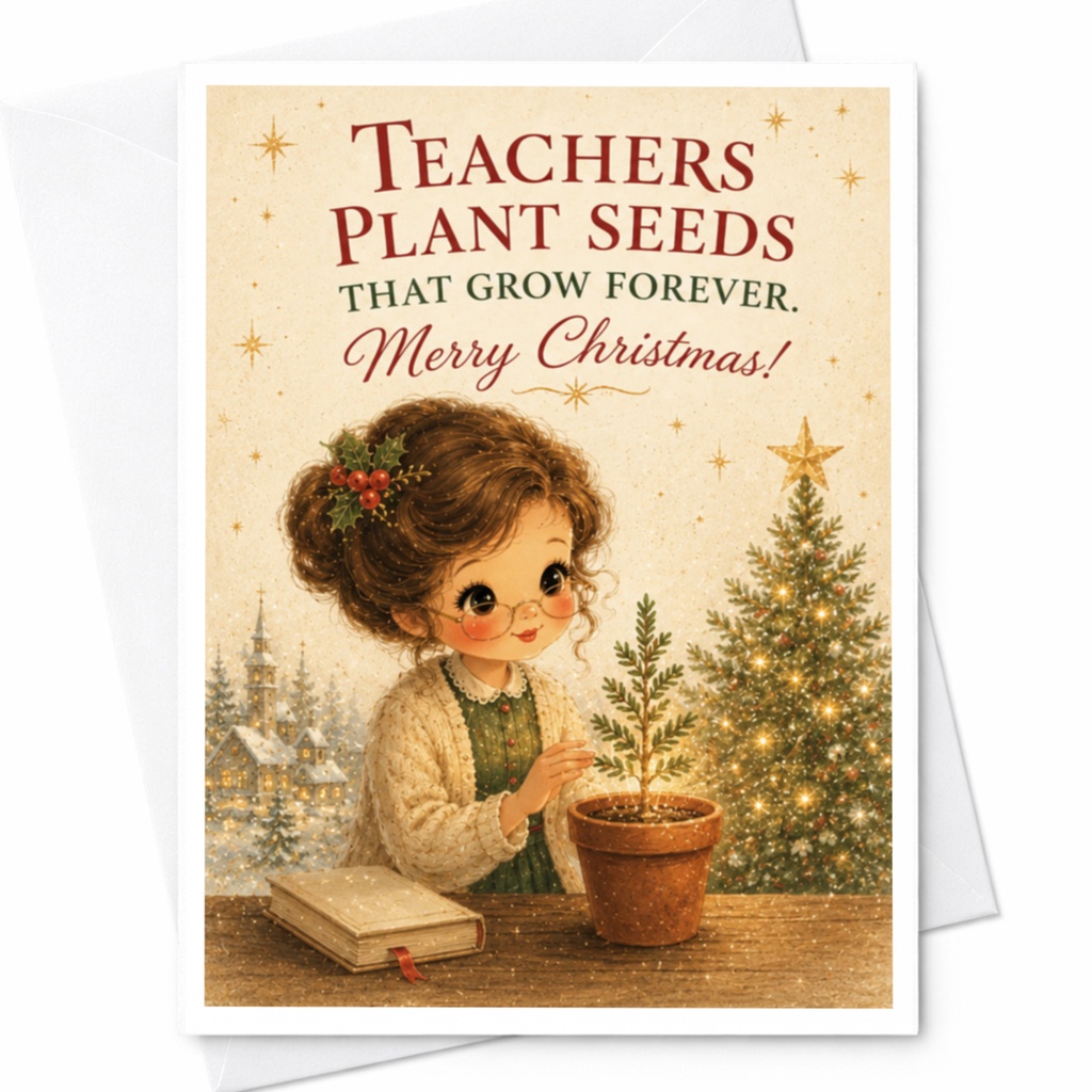 Teachers Plant Seeds That Grow Forever. Merry Christmas! Christmas Card For Teacher Holiday Greeting Cute Festive Card C6804