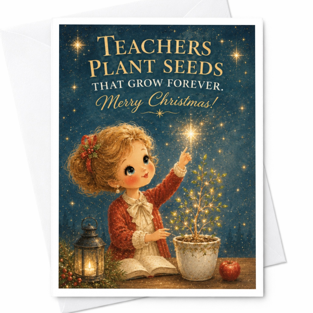 Teachers Plant Seeds That Grow Forever. Merry Christmas! Christmas Card For Teacher Cute Holiday Greeting Card With Girl And Plant C6805