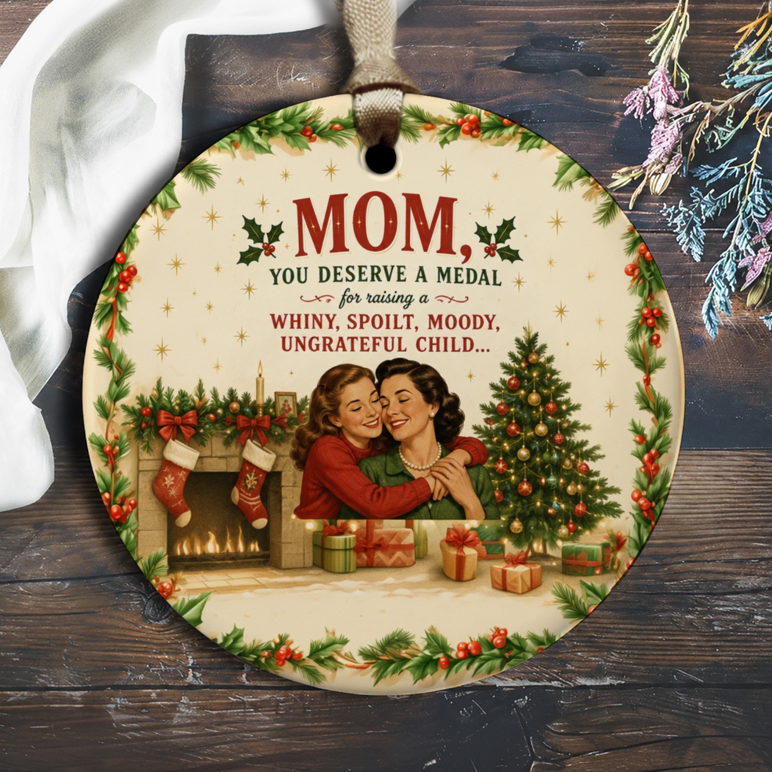 Mom, You Deserve A Medal Christmas Ornament Funny Holiday Decor For Mom Vintage Style Xmas Gift For Mother O2468