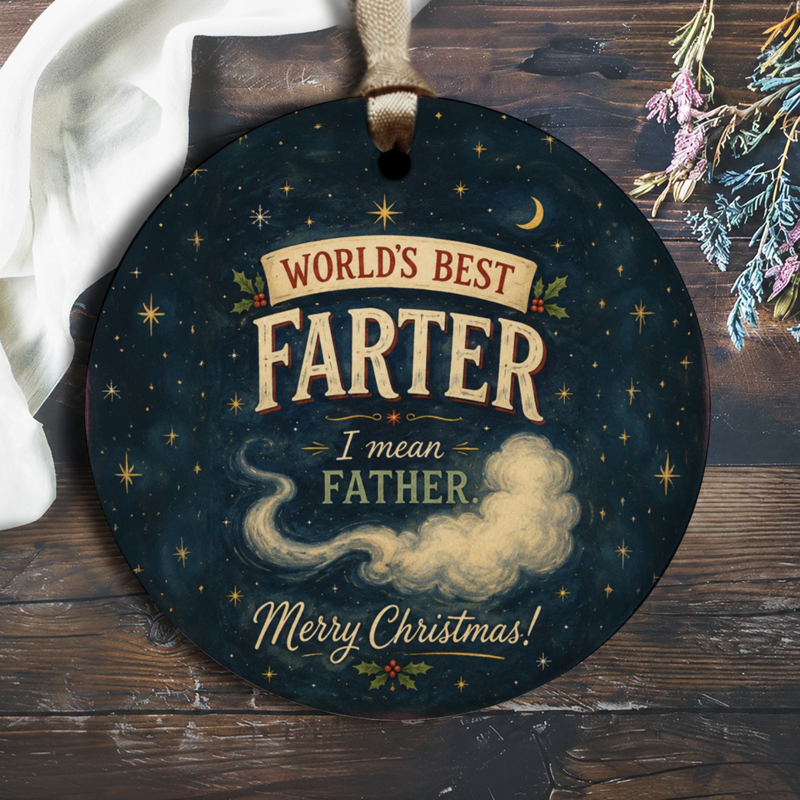 World's Best Farter I Mean Father Merry Christmas Ornament Funny Holiday Gift For Dad Xmas Decoration For Him O2486