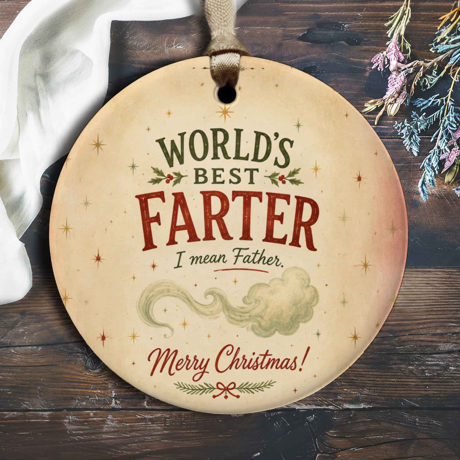 World's Best Farter I Mean Father. Merry Christmas! Funny Christmas Ornament Dad Holiday Decor Gift For Father Xmas O2487