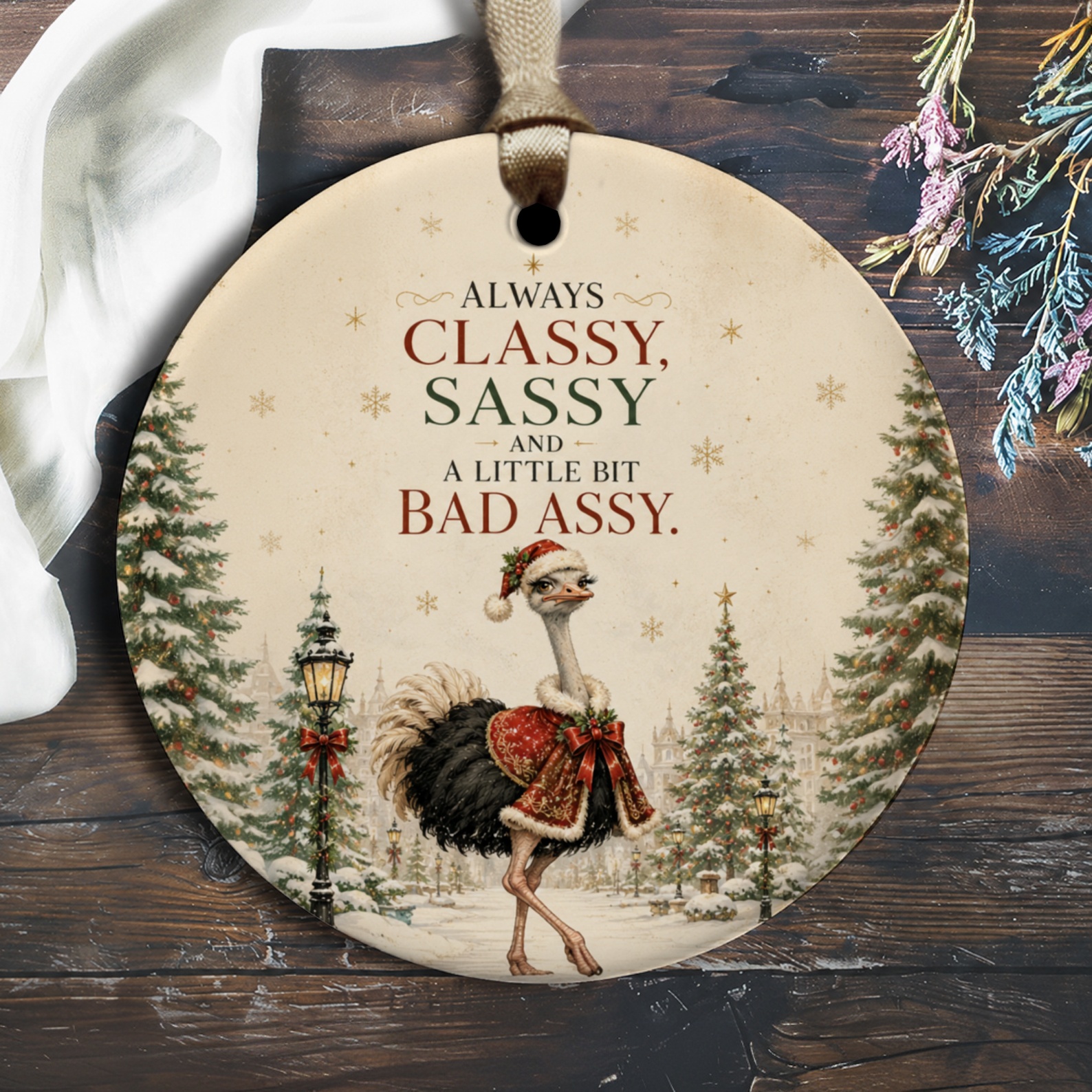 Always Classy, Sassy And A Little Bit Bad Assy Christmas Ornament Funny Ostrich Holiday Decor Festive Animal Lover Gift O2520