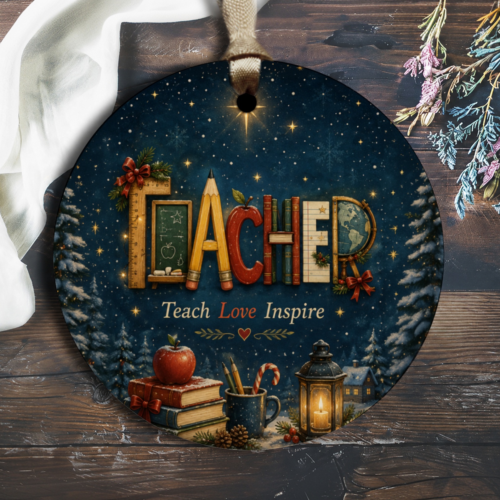 Teacher Teach Love Inspire Christmas Ornament Educational Holiday Decor Gift For Teachers School Appreciation O2457