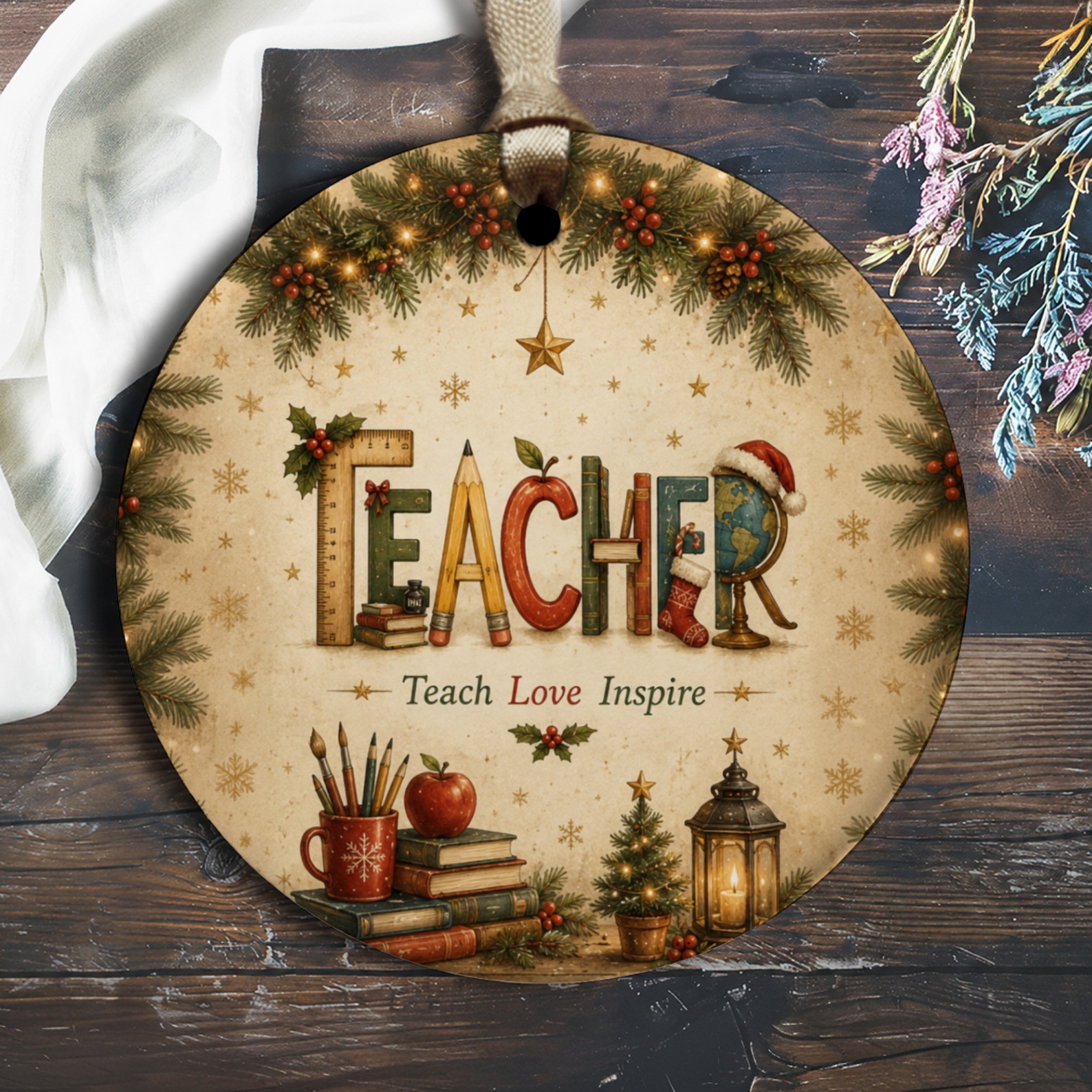 Teacher Teach Love Inspire Christmas Ornament Festive Teacher Gift Holiday Decor Educator Appreciation Keepsake O2458