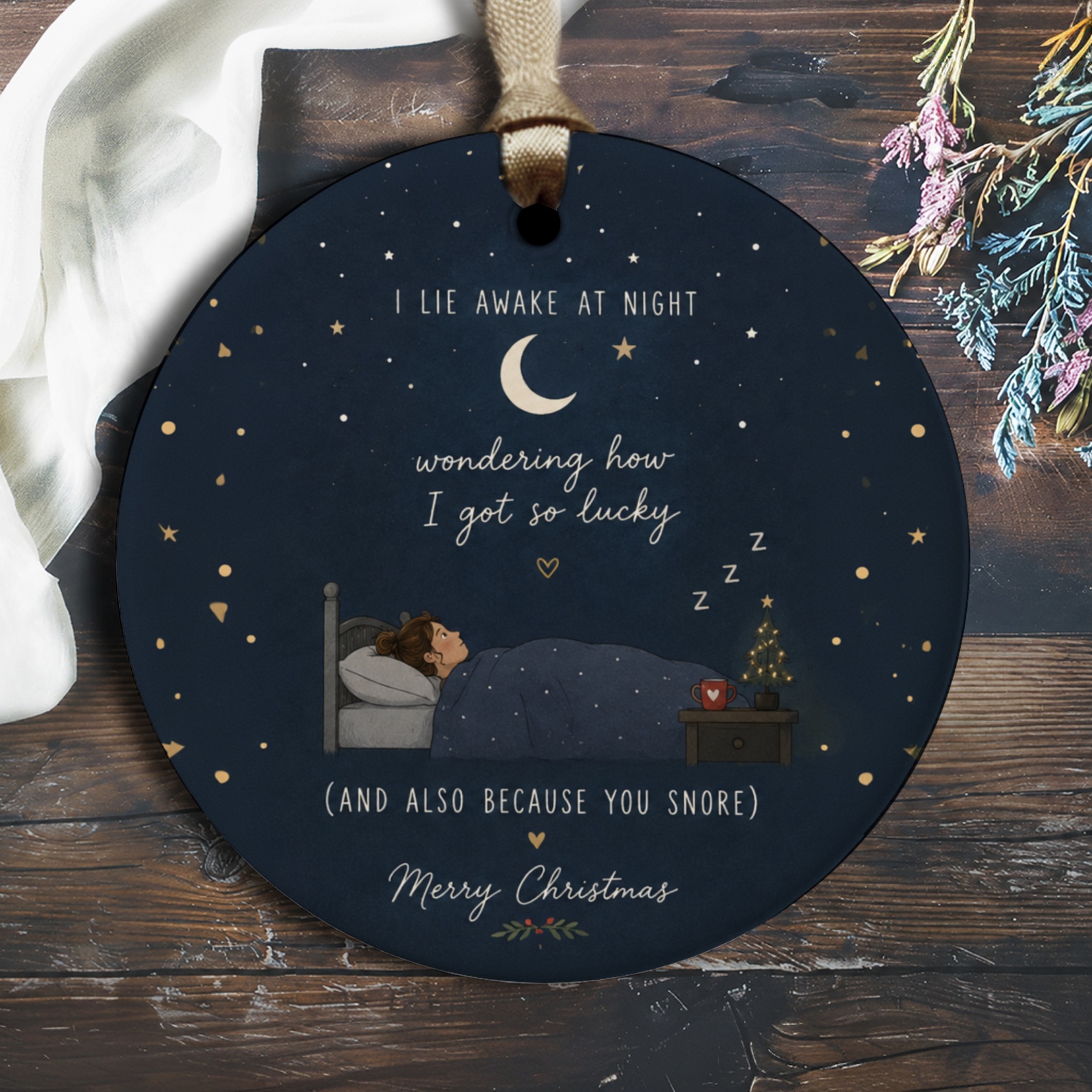 I Lie Awake At Night Christmas Ornament Funny Holiday Decor Cute Gift For Partner Romantic Bedroom Decor Snoring O2484