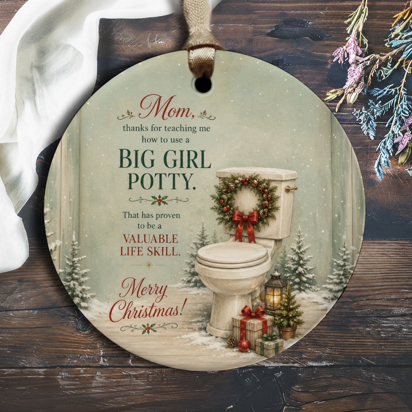 Mom Thanks For Teaching Me Big Girl Potty Christmas Ornament Funny Holiday Decor For Mom Cute Toilet Wreath Gift O2488