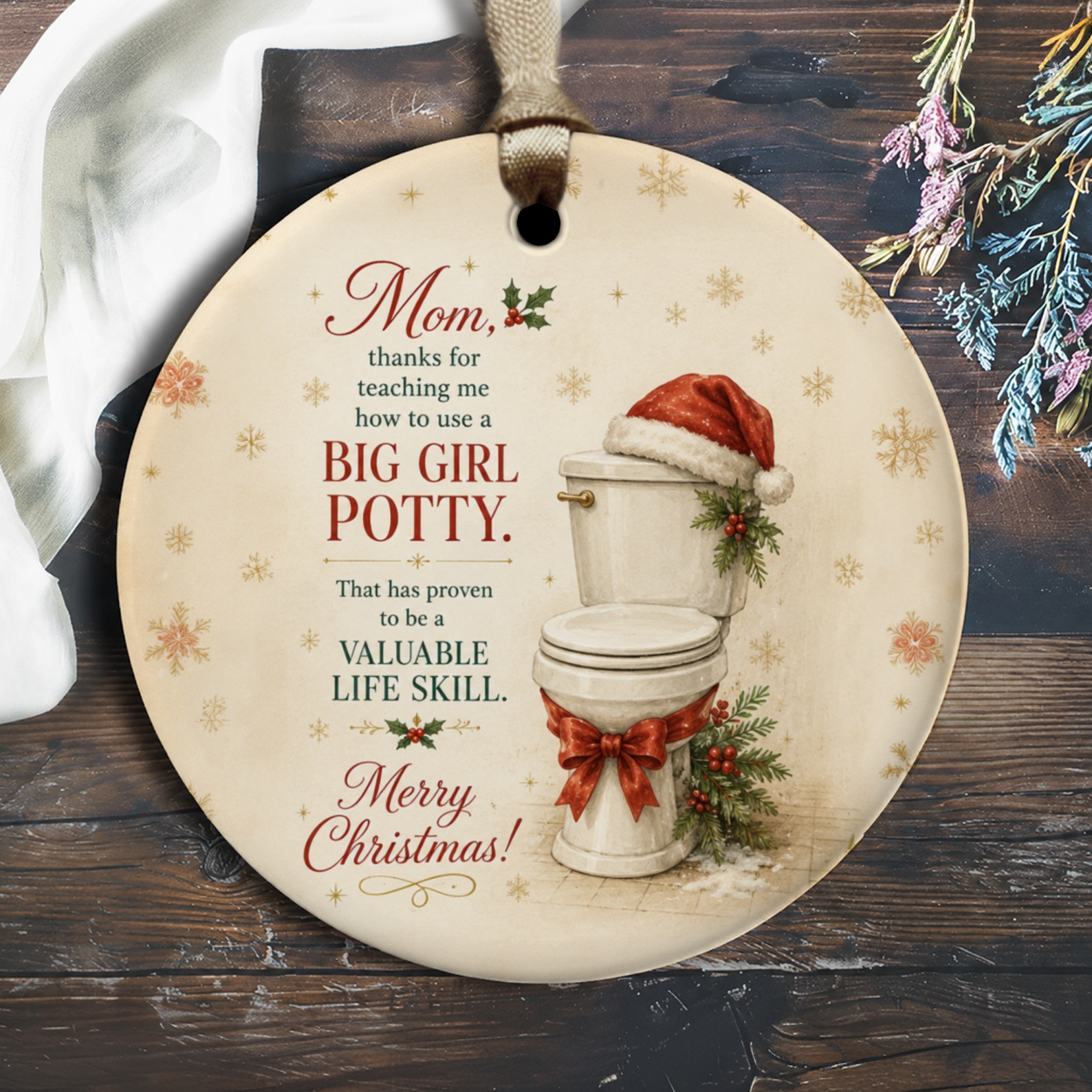 Mom Thanks For Teaching Me Big Girl Potty Christmas Ornament Funny Holiday Decor For Mom Cute Toilet Santa Hat O2489