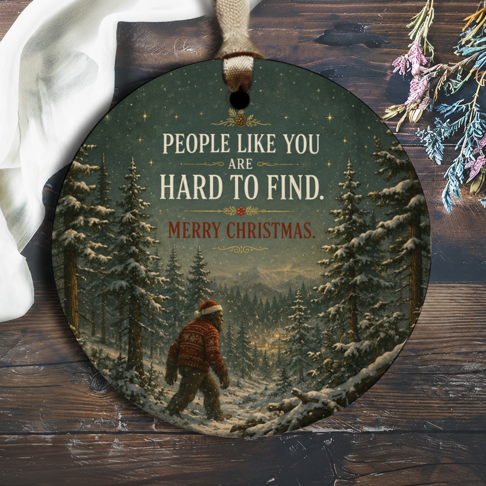 People Like You Are Hard To Find. Merry Christmas. Bigfoot Ornament Funny Christmas Decor Sasquatch Holiday Gift For Him Her O2517