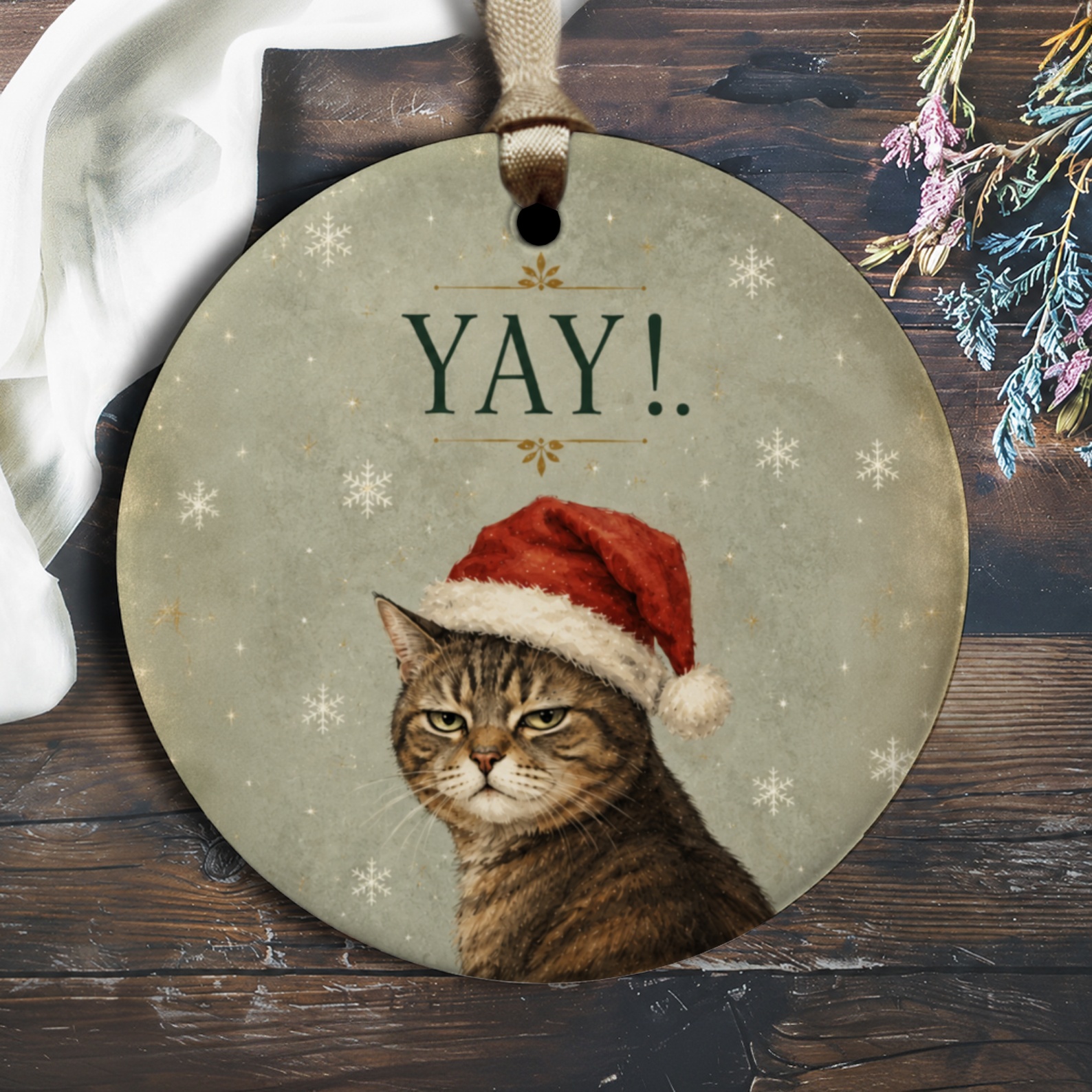 Yay! Funny Cat Christmas Ornament Santa Hat Holiday Decor Cute Pet Lover Gift Festive Winter Decoration O2525