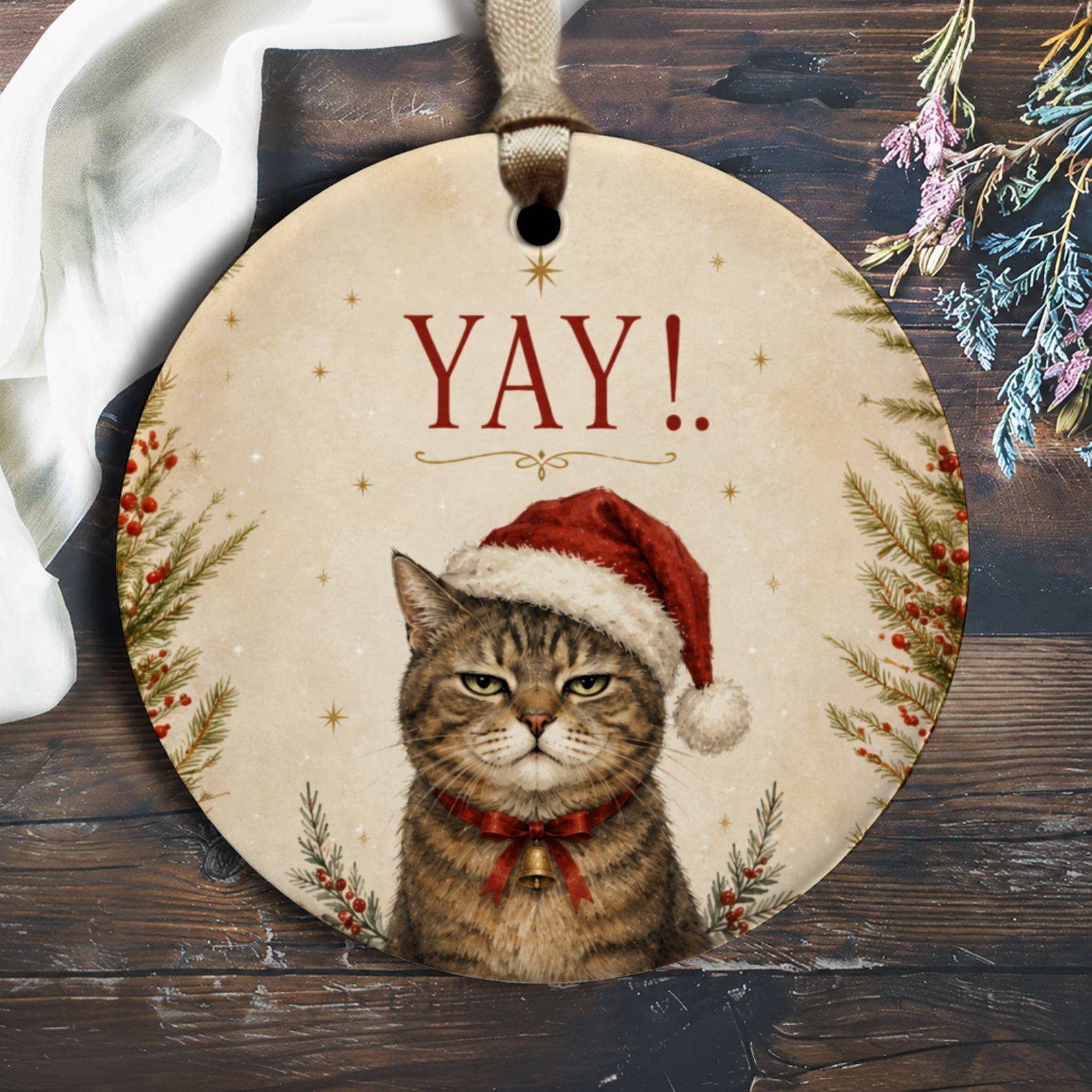 Yay! Cat In Santa Hat Christmas Ornament Cute Holiday Decor For Cat Lovers Festive Tree Decoration Gift O2526