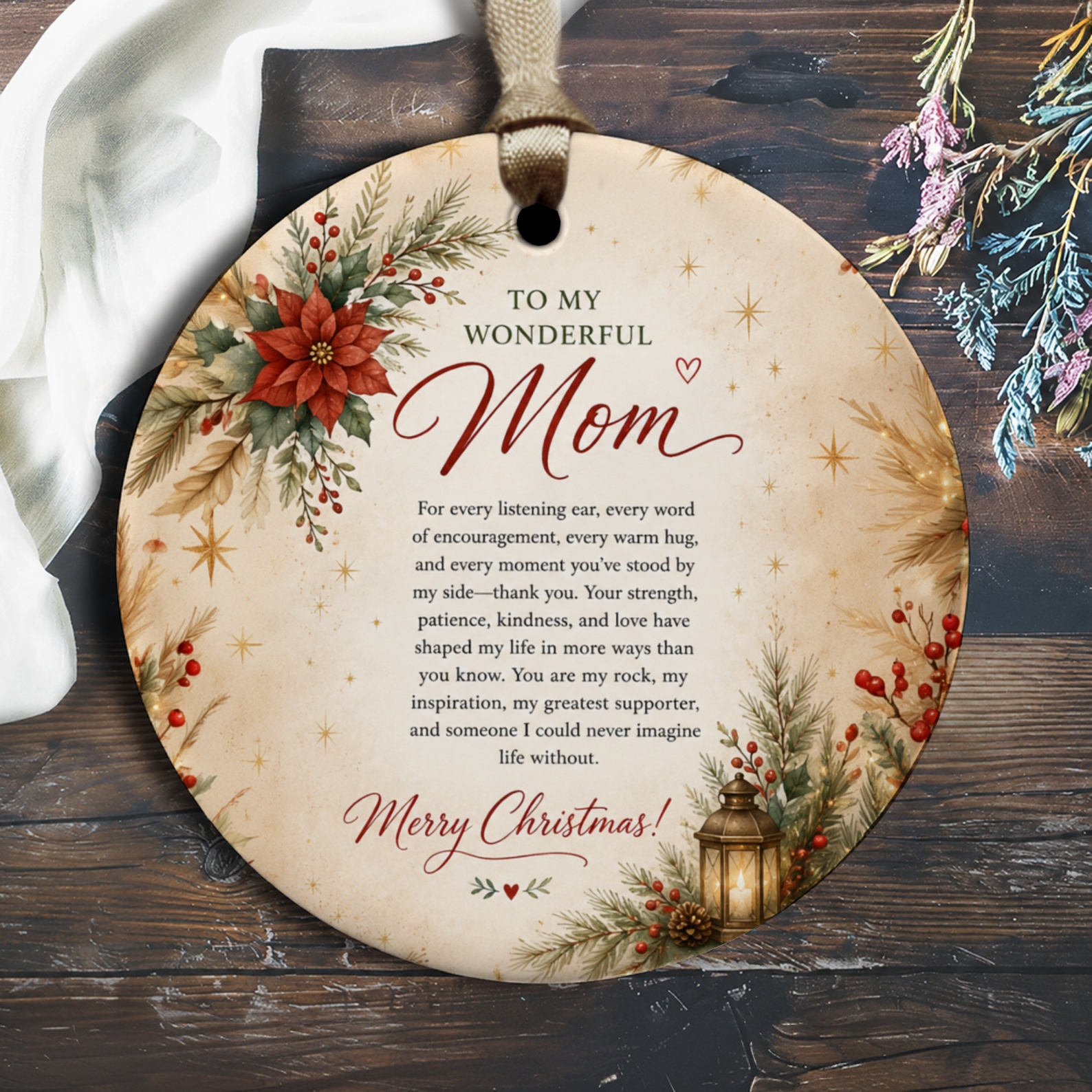 To My Wonderful Mom Merry Christmas Ornament Floral Lantern Christmas Ornament For Mom Holiday Decor Gift O2536