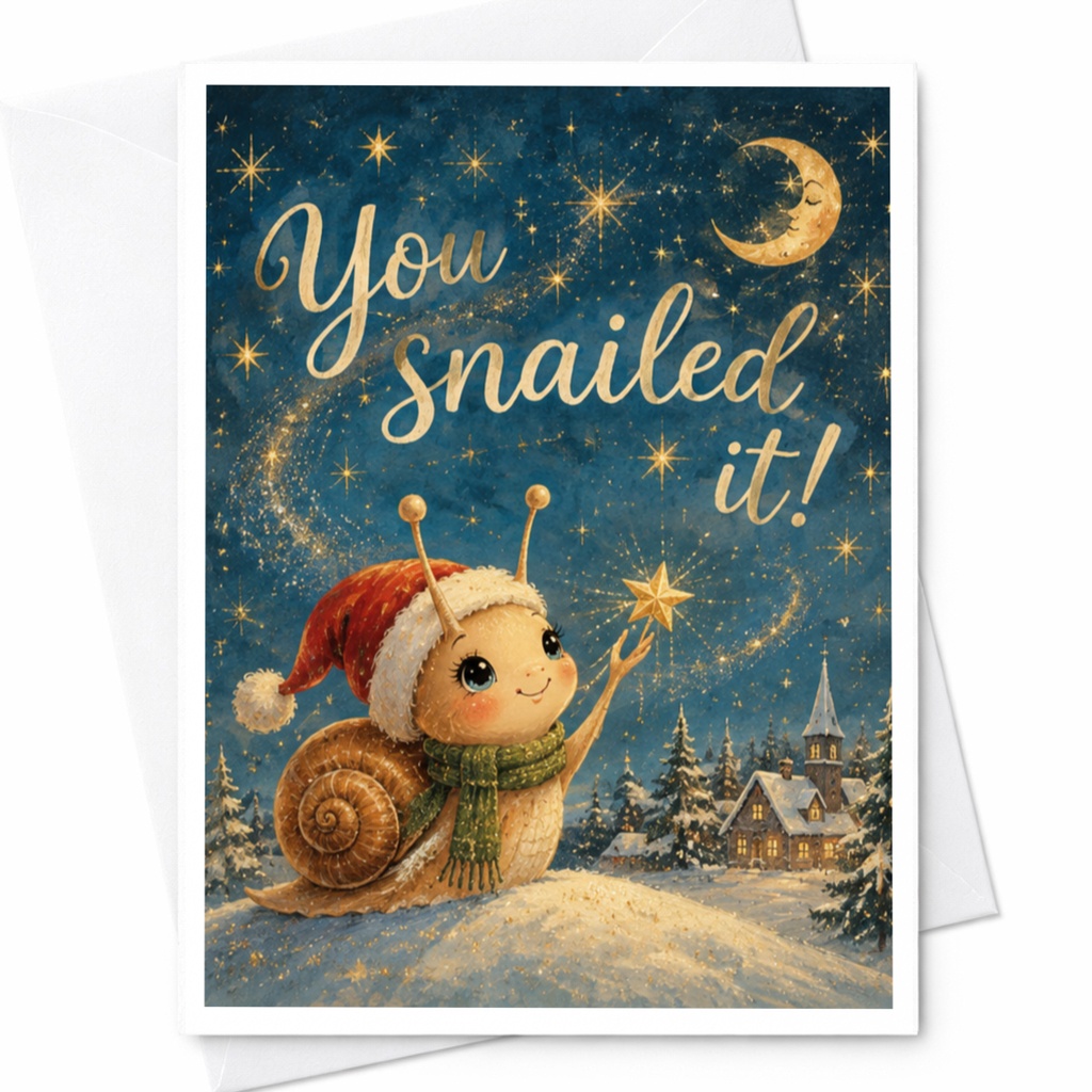 You Snailed It! Cute Congratulations Card Snail With Santa Hat Holiday Greeting Card Winter Scene For Friend Funny C6823