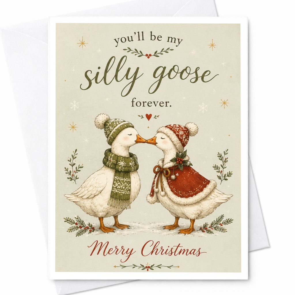 You'll Be My Silly Goose Forever. Merry Christmas Cute Christmas Card Geese Couple Holiday Greeting Card For Partner Romantic C6833