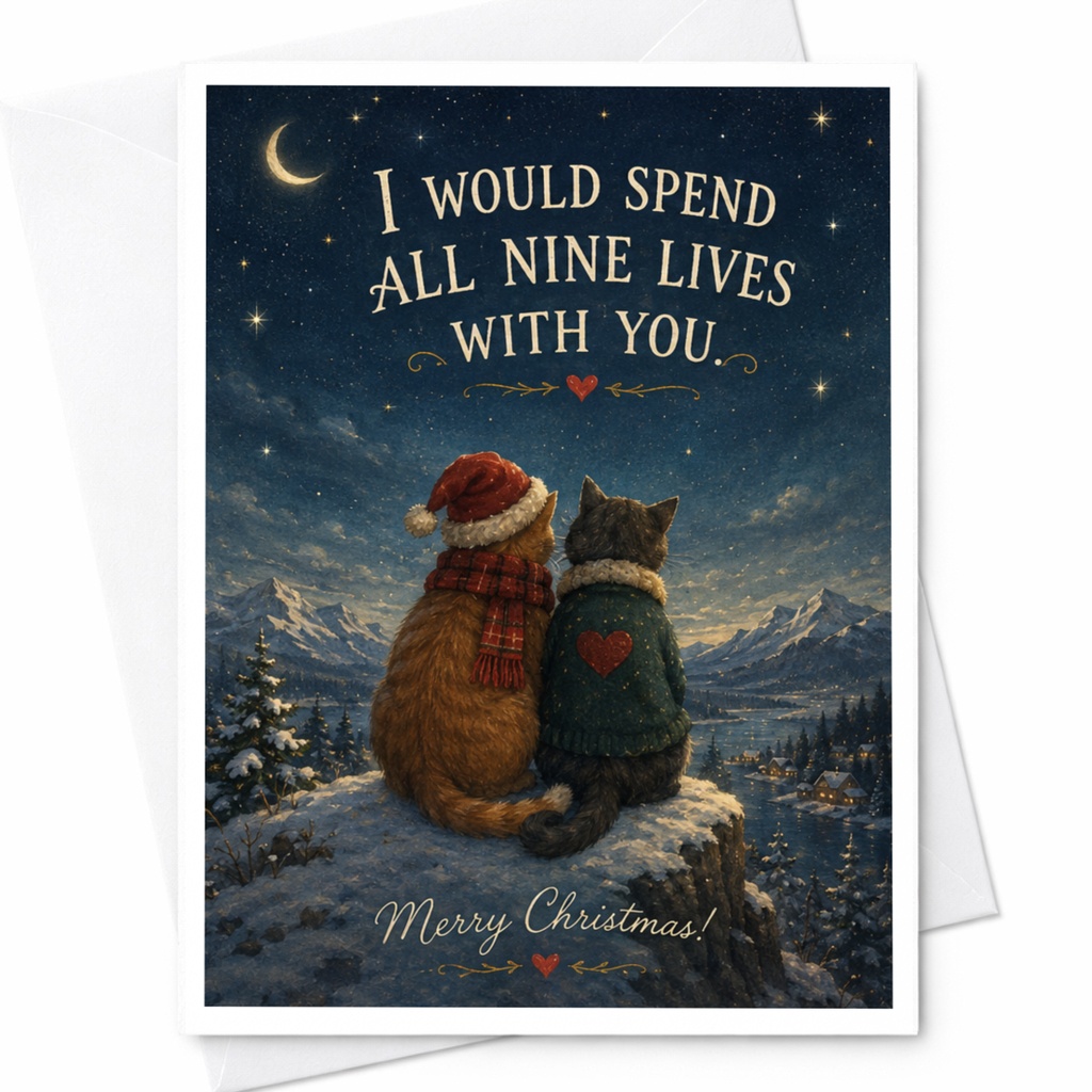 I Would Spend All Nine Lives With You Merry Christmas Card Cute Cat Couple Holiday Greeting Card For Cat Lover Romantic Winter Sce C6834