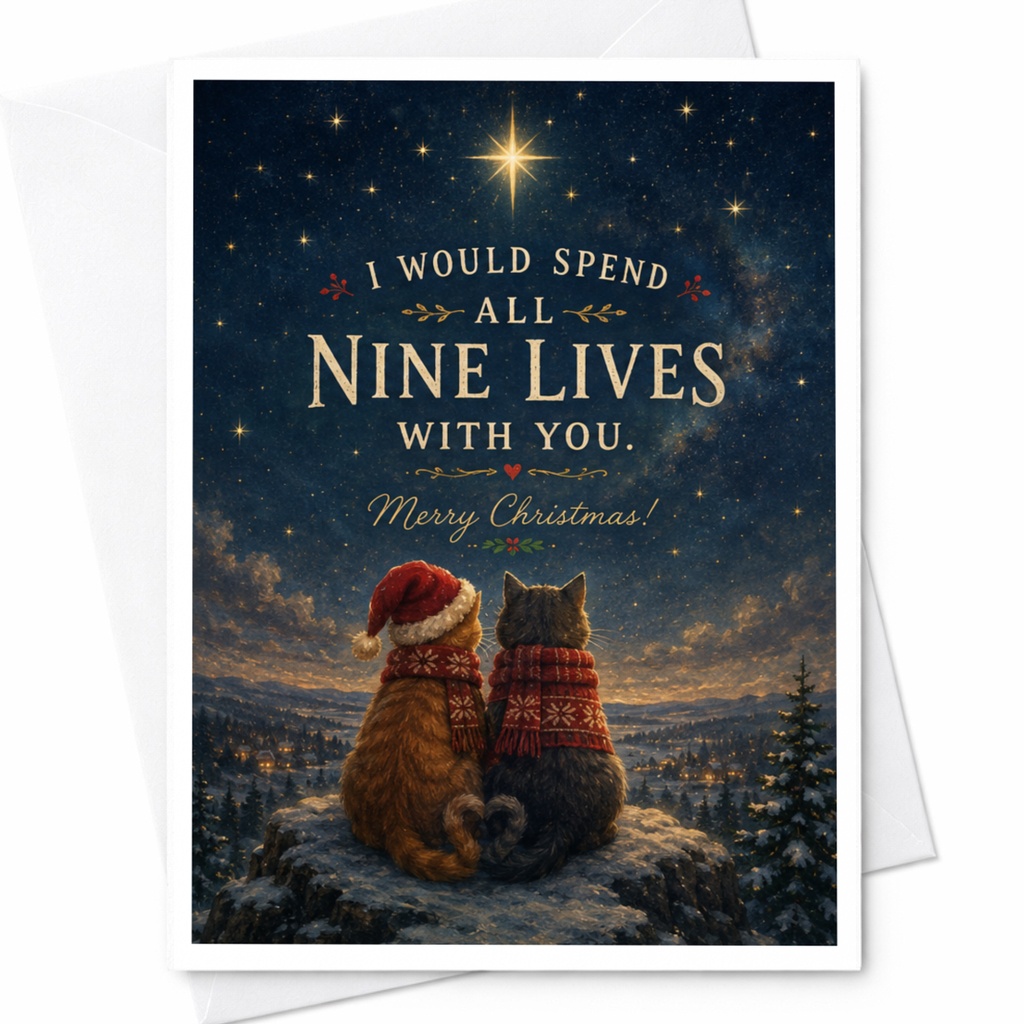 I Would Spend All Nine Lives With You. Merry Christmas! Cute Cat Christmas Card Romantic Holiday Greeting For Cat Lover C6835