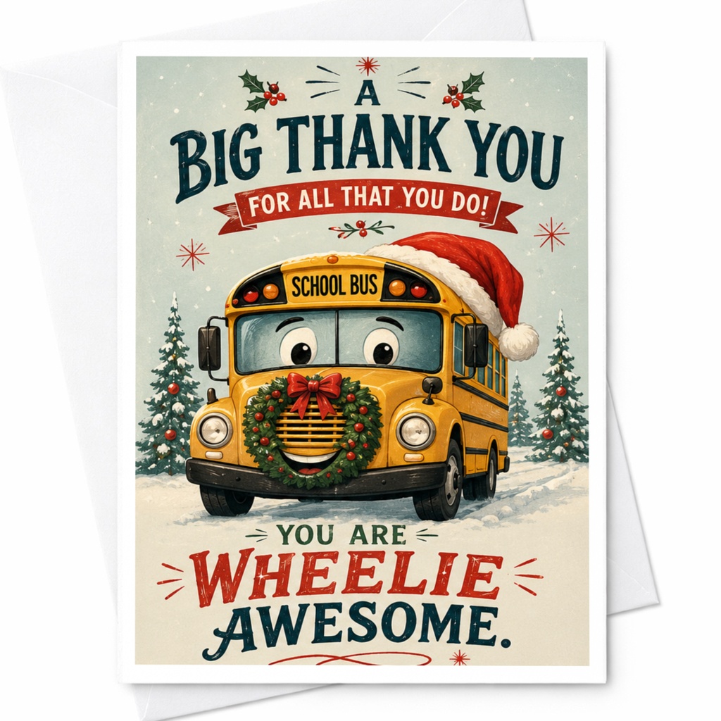 A Big Thank You For All That You Do! You Are Wheelie Awesome. Holiday Thank You Card School Bus Christmas Card Teacher Appreciatio C6849