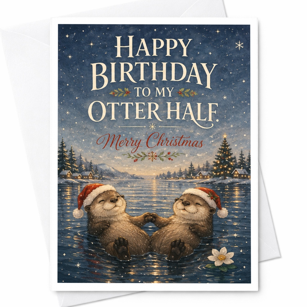 Happy Birthday To My Otter Half. Merry Christmas Card Cute Otter Birthday Christmas Card For Partner Funny Animal Card C6851