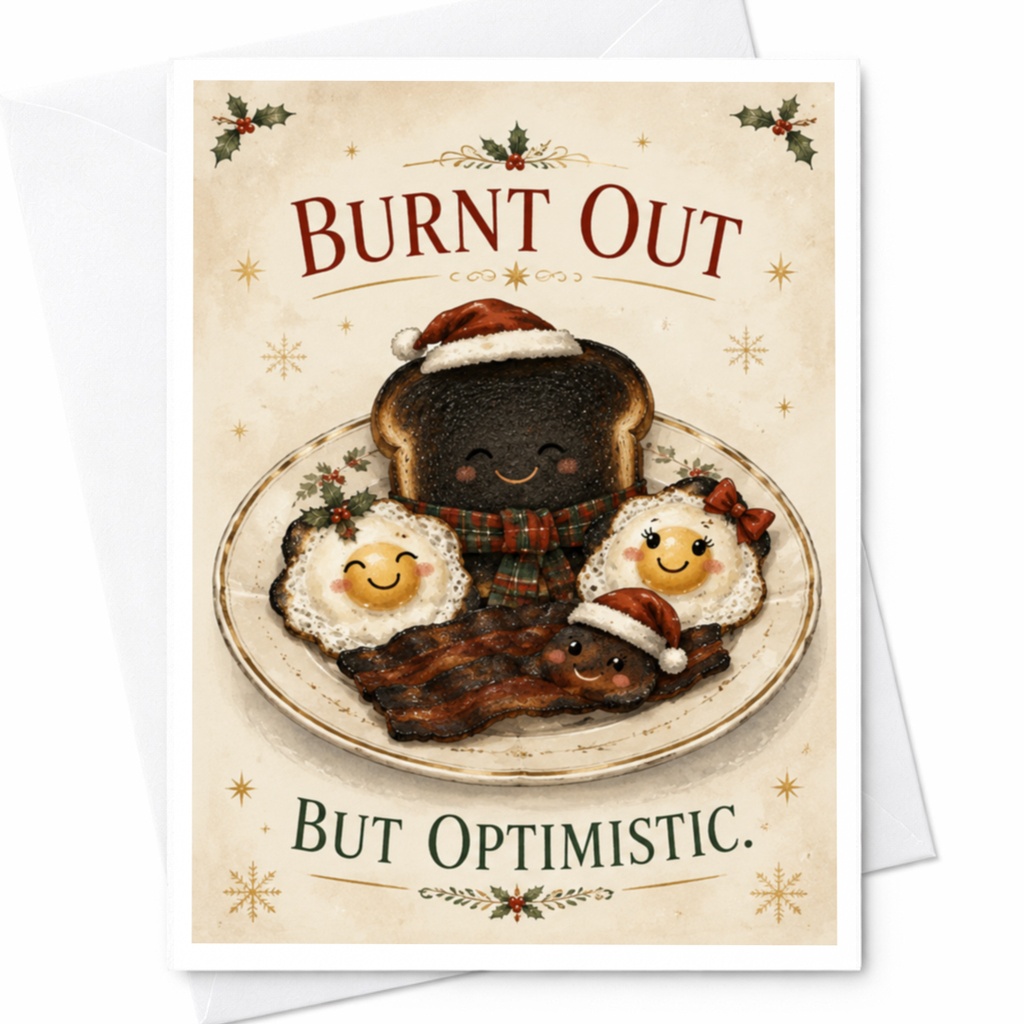 Burnt Out But Optimistic. Funny Christmas Card Cute Breakfast Characters Holiday Greeting Card For Friend C6856