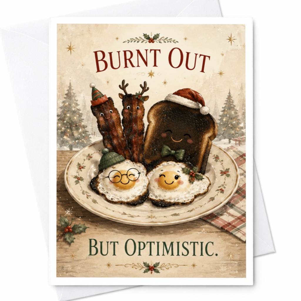 Burnt Out But Optimistic. Funny Christmas Card Holiday Breakfast Characters Cute Toast Bacon Eggs Greeting Card C6857