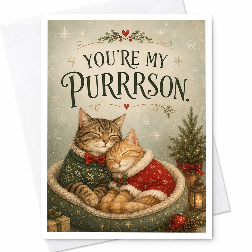 You're My Purrrson. Cute Christmas Card Cat Lover Holiday Greeting Card Cozy Cats In Sweaters Romantic Winter Card C6861