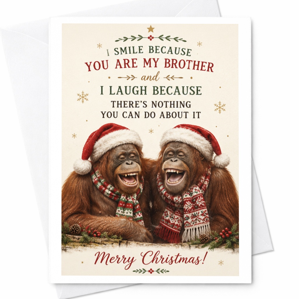 I Smile Because You Are My Brother Funny Christmas Card For Brother Holiday Greeting Card With Orangutans Santa Hats C6866