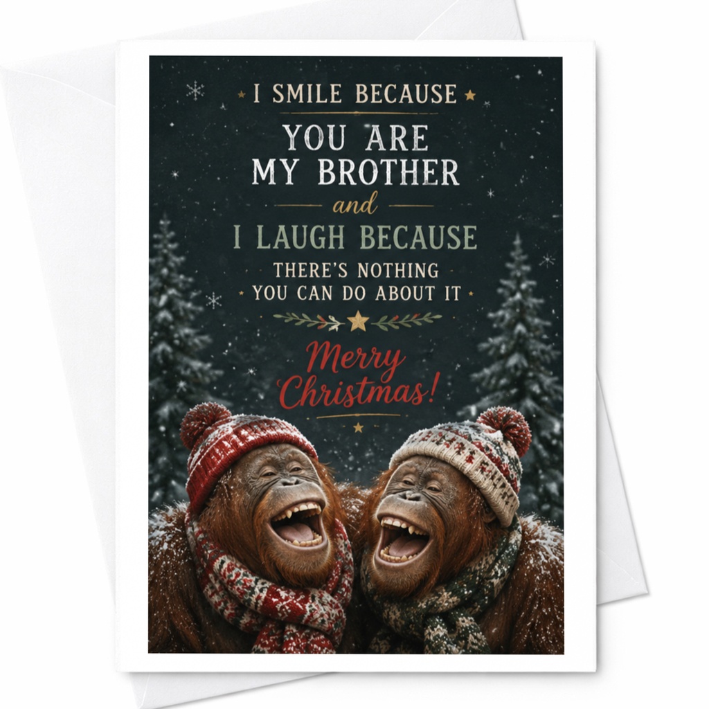 I Smile Because You Are My Brother Funny Christmas Card For Brother Holiday Greeting Card With Orangutans C6867