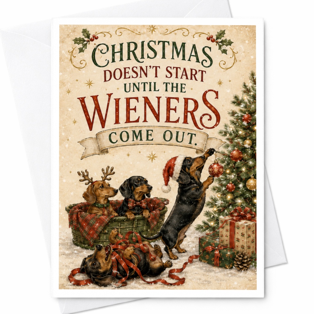 Christmas Doesn't Start Until The Wieners Come Out Funny Christmas Card Dachshund Lover Holiday Card Cute Dog Xmas Card C6869