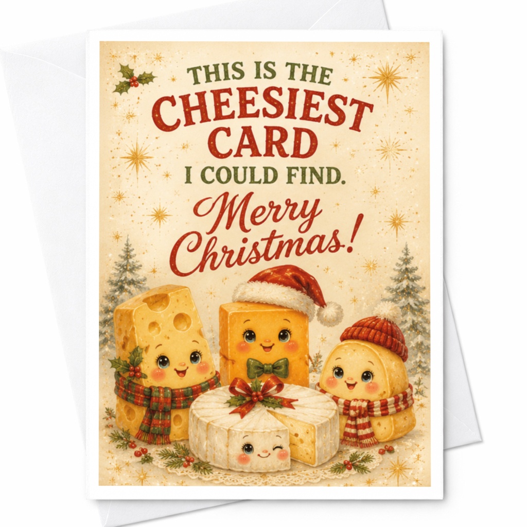 This Is The Cheesiest Card I Could Find. Merry Christmas! Funny Christmas Card Cute Cheese Characters Holiday Greeting Card C6870