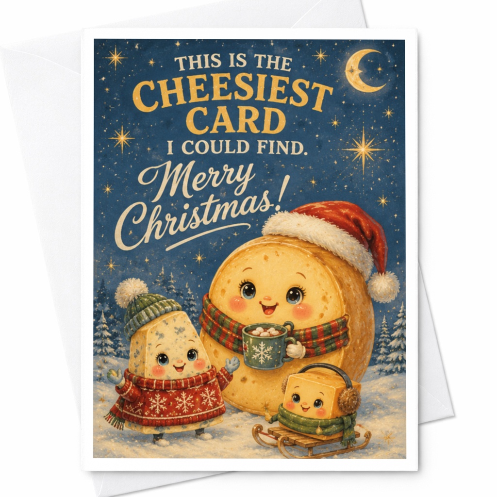 This Is The Cheesiest Card I Could Find. Merry Christmas! Funny Christmas Card Cute Cheese Characters Holiday Greeting Card C6871