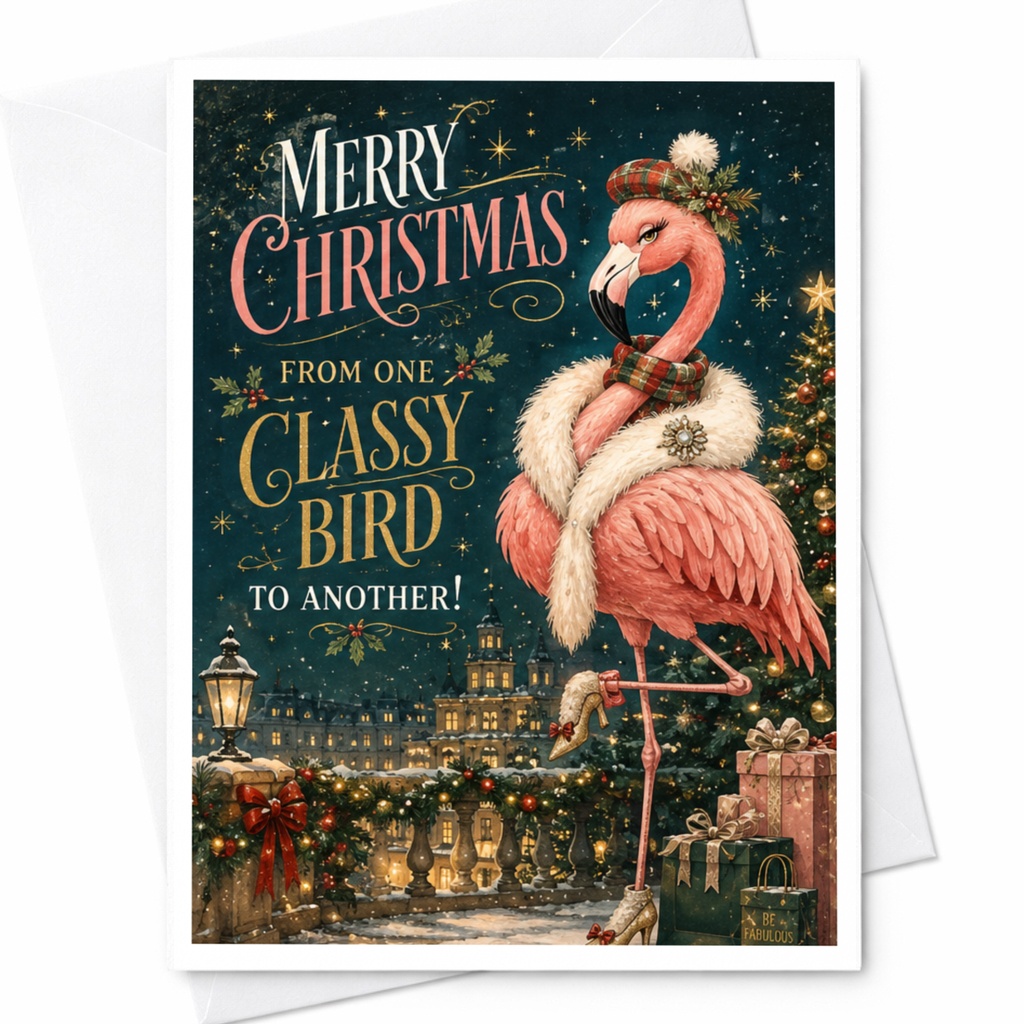 Merry Christmas From One Classy Bird To Another! Funny Christmas Card Flamingo Holiday Greeting Card For Friend Cute Animal C6883