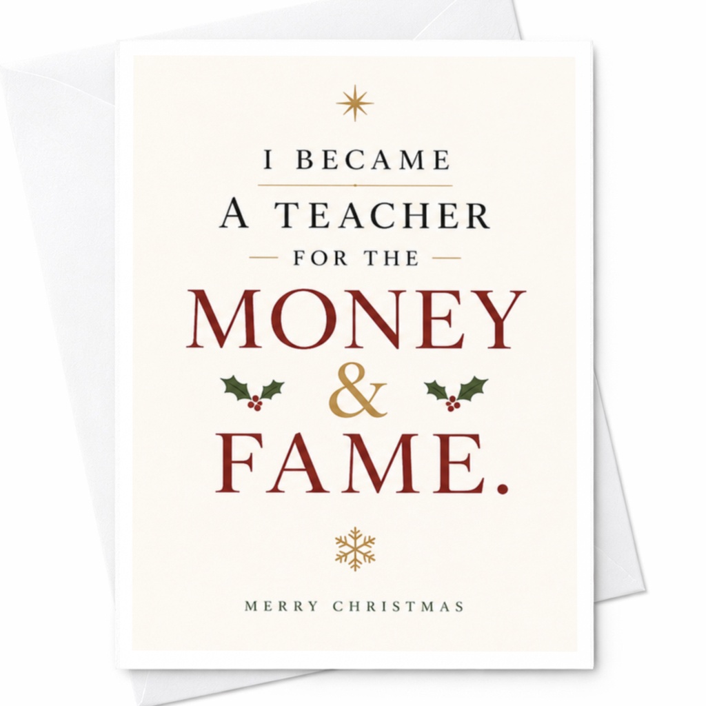 I Became A Teacher For The Money & Fame Christmas Card Funny Teacher Holiday Card Xmas Card For Educator C6819
