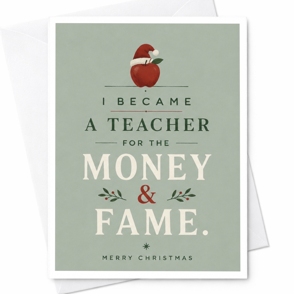 I Became A Teacher For The Money & Fame Christmas Card Funny Holiday Greeting Card For Teacher Xmas Card C6820